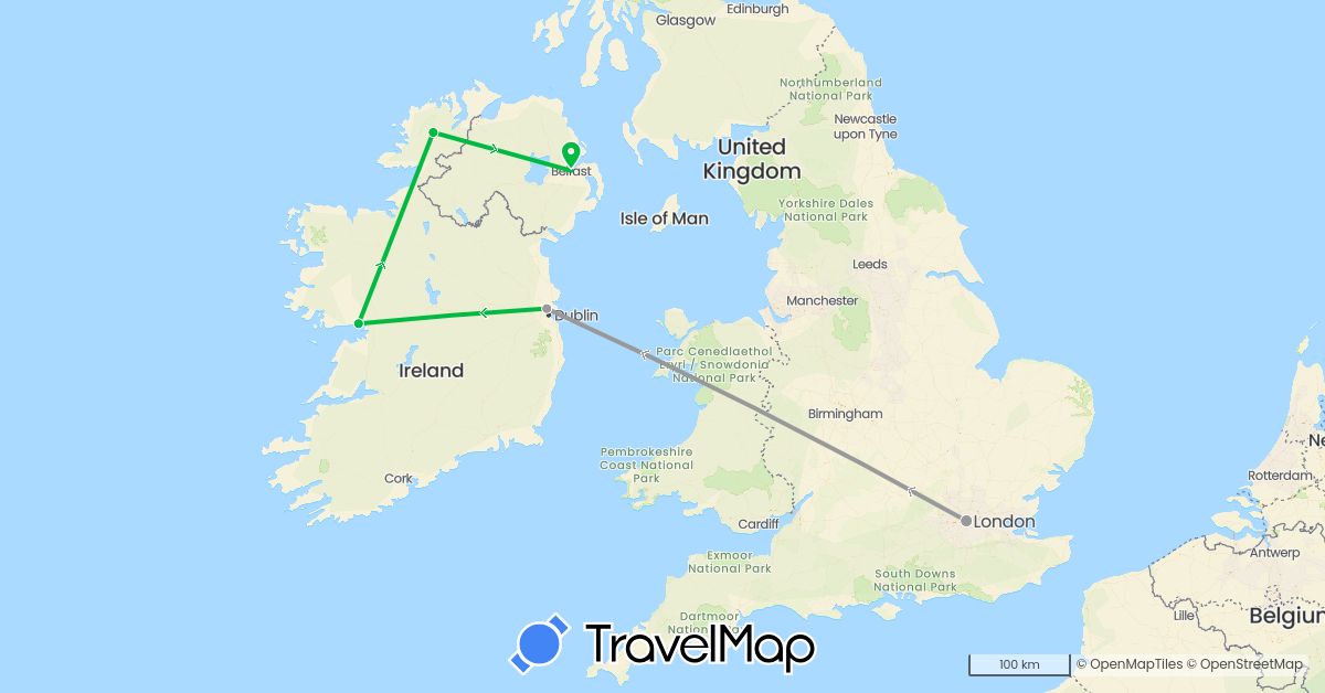 TravelMap itinerary: driving, bus, plane in United Kingdom, Ireland (Europe)